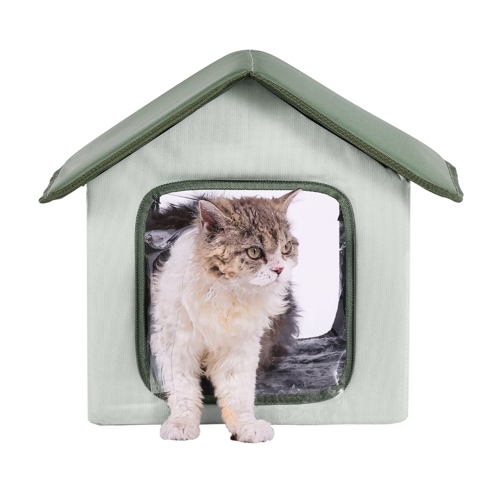Casa elevada para gatos con calefacción VEVOR, refugio para gatos al aire libre con almohadilla térmica, color verde (S)
