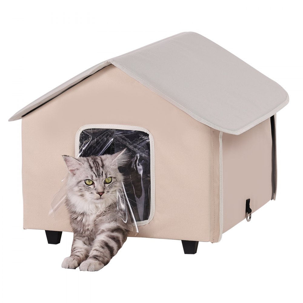 VEVOR - Caseta elevada con calefacción para gatos, refugio para gatos de exterior con temporizador, tela Oxford 600D, plegable, con almohadilla térmica para mantenerlos cálidos y cómodos en invierno, color marrón (medio)