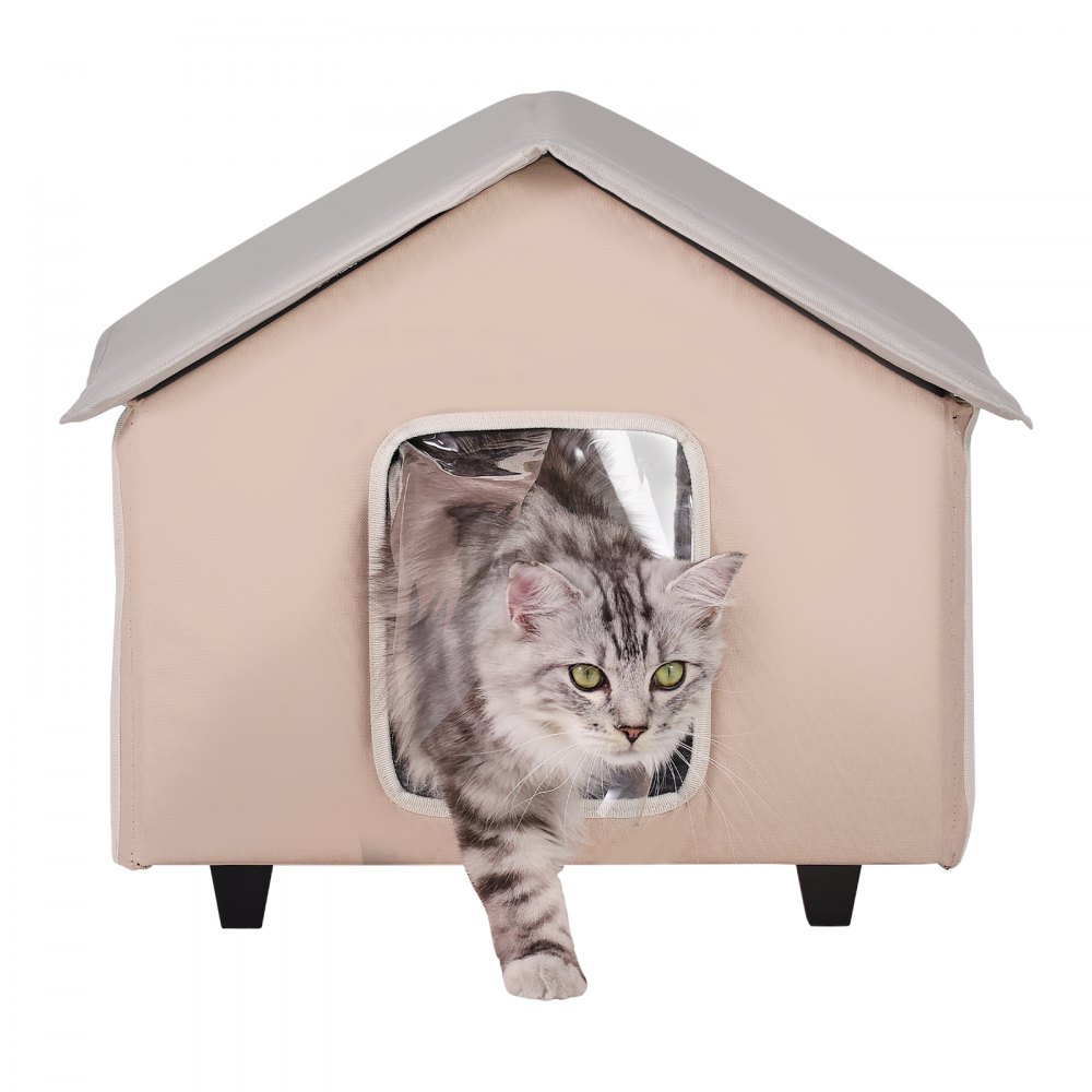 VEVOR - Caseta elevada con calefacción para gatos, refugio para gatos de exterior con temporizador, tela Oxford 600D, plegable, con almohadilla térmica para mantenerlos cálidos y cómodos en invierno, color marrón (medio)