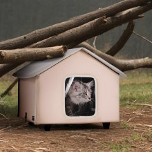 Casa elevada con calefacción para gatos VEVOR, refugio para gatos con almohadilla térmica, color marrón, tamaño mediano