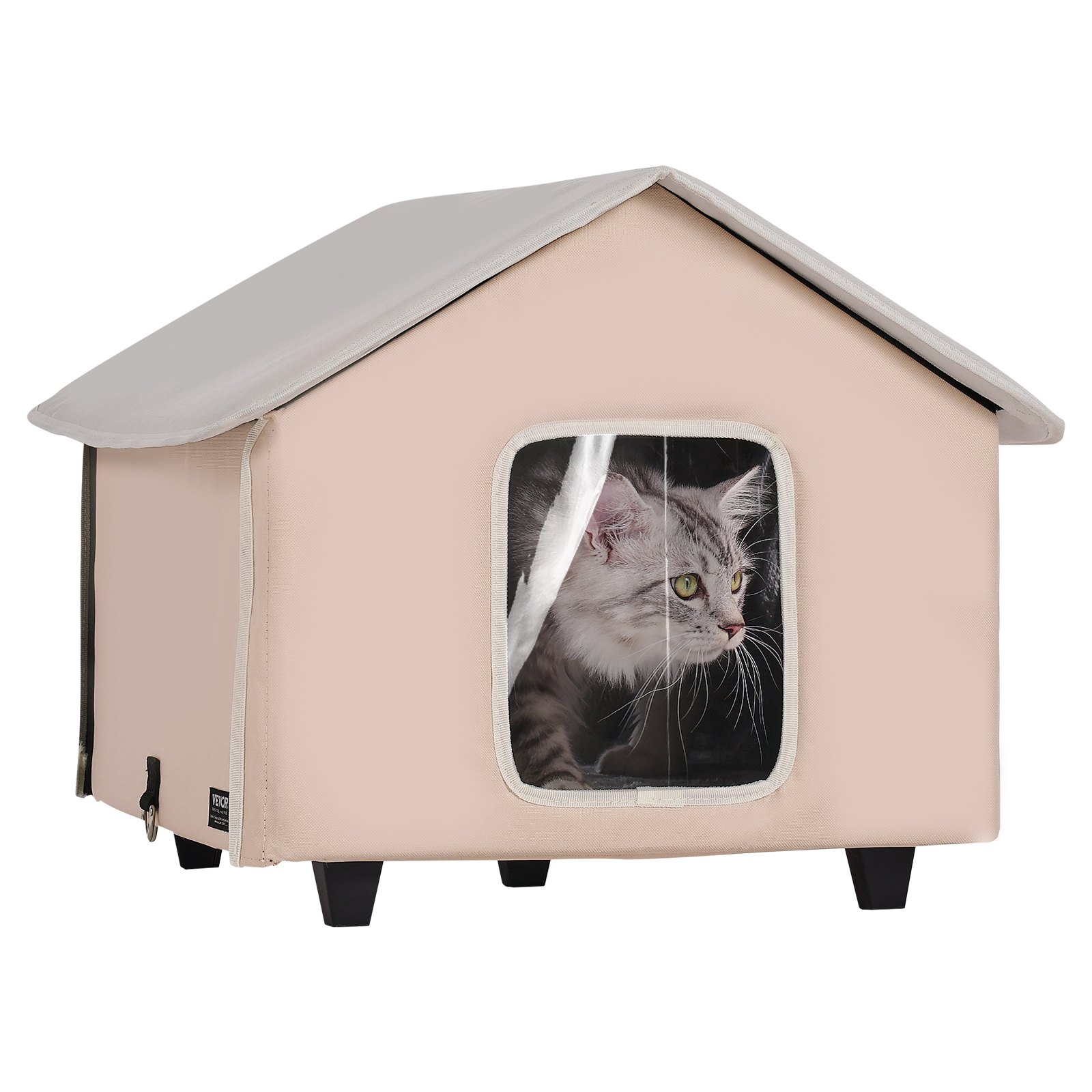 VEVOR - Caseta elevada con calefacción para gatos, refugio para gatos de exterior con temporizador, tela Oxford 600D, plegable, con almohadilla térmica para mantenerlos cálidos y cómodos en invierno, color marrón (medio)