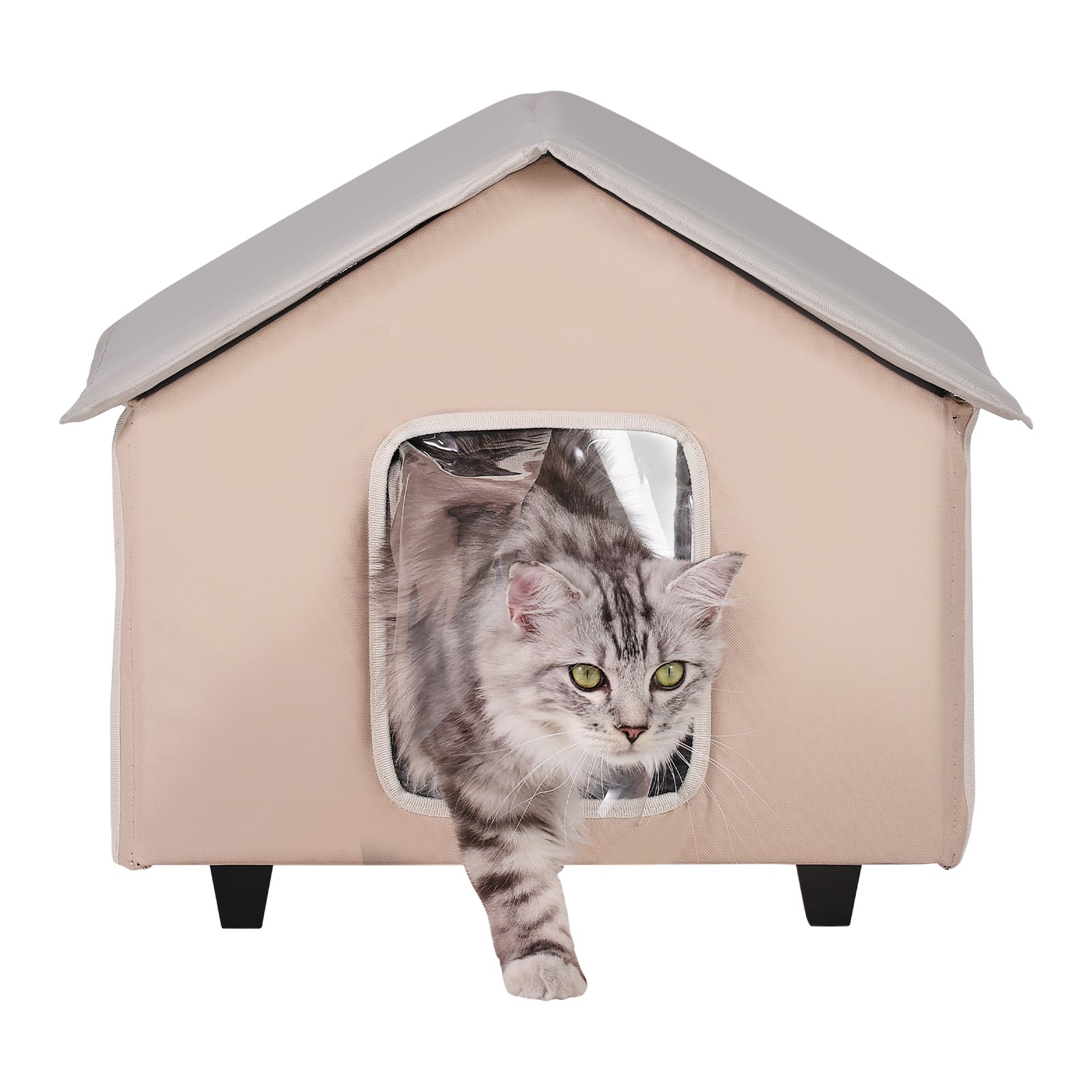 VEVOR - Caseta elevada con calefacción para gatos, refugio para gatos de exterior con temporizador, tela Oxford 600D, plegable, con almohadilla térmica para mantenerlos cálidos y cómodos en invierno, color marrón (medio)