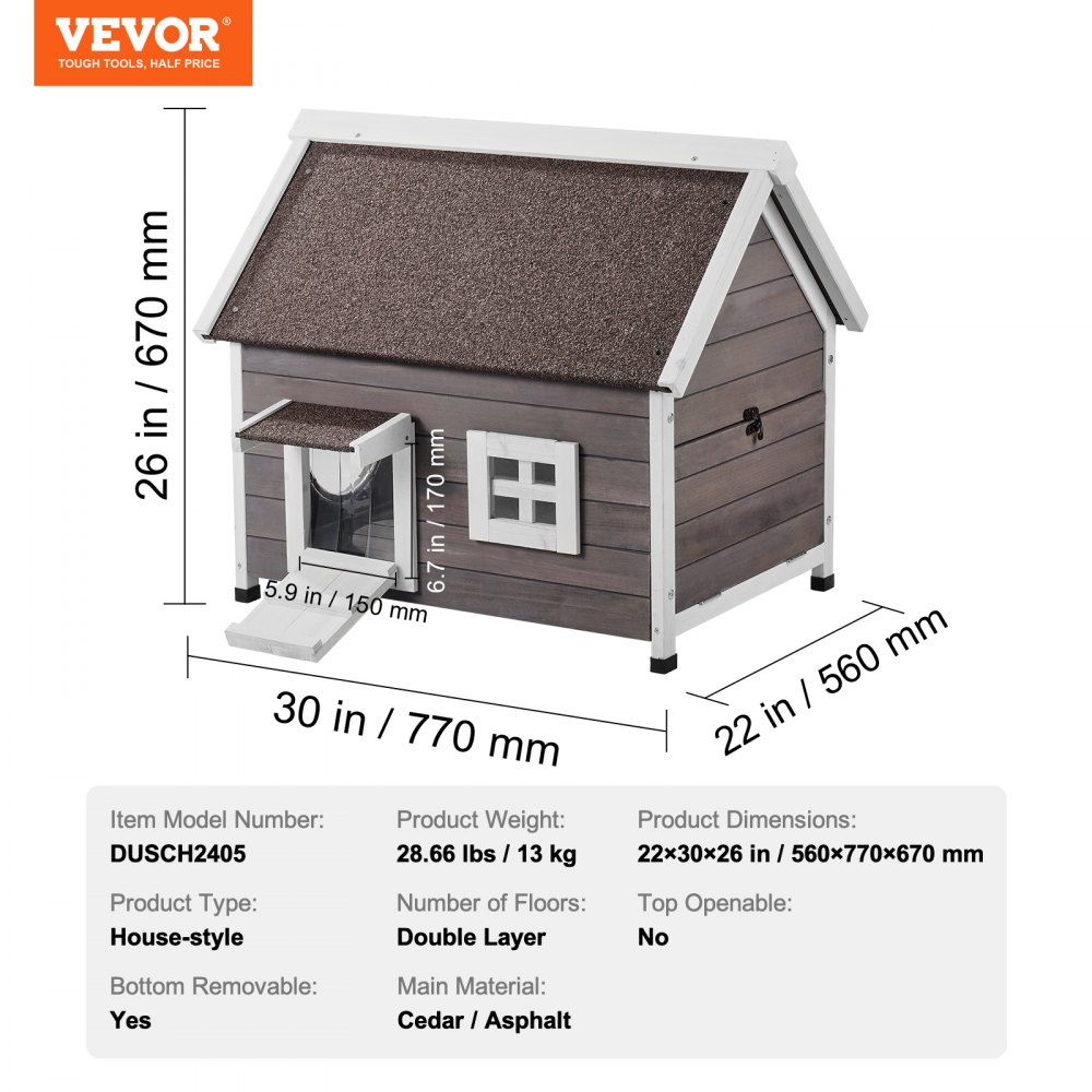 VEVOR Casa para Gatos Exterior Resistente a la Intemperie, para Gatos de Madera para Exteriores con Puerta Lateral Grande, Solapas de Puerta PVC, Techo Abierto y Ventana Transparente, 56 x 77 x 67 cm