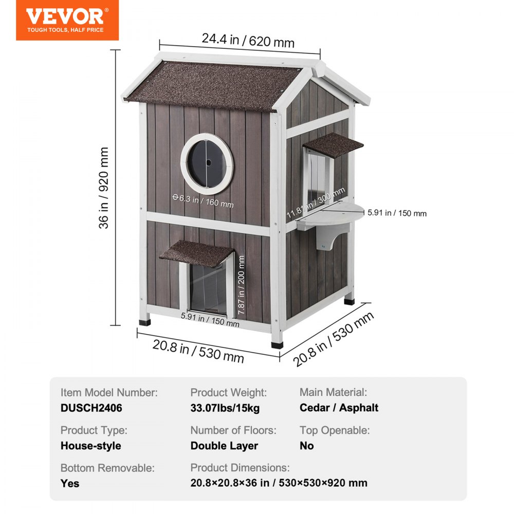 Caseta para gatos de exterior VEVOR, resistente a la intemperie, refugio para gatos callejeros, para varios gatos, caseta de madera de exterior grande de 2 pisos con puertas, solapas de puerta de PVC, una ventana transparente, 53 cm de largo x 53 cm de ancho x 91 cm de alto.