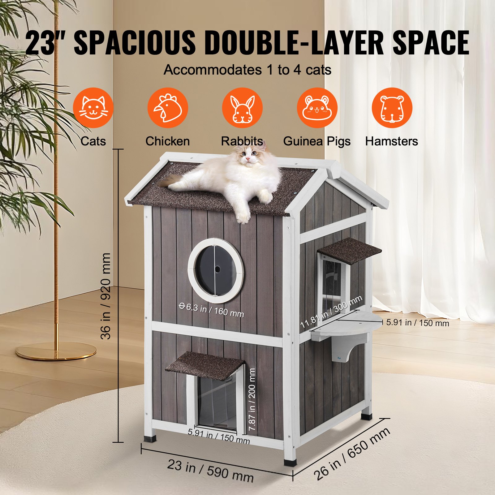 VEVOR Casa para gatos de exterior resistente a la intemperie, refugio para gatos salvajes para varios gatos, casa grande de madera para gatos de 2 pisos para exteriores con puertas, solapas de puerta de PVC, una ventana transparente, 23" de largo x 26" de ancho x 36" de alto