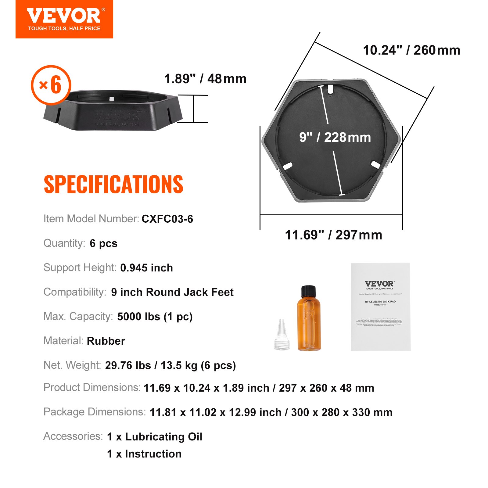 Almohadillas niveladoras VEVOR para vehículos recreativos, 6 piezas, material de goma, capacidad de 5000 libras, incluye aceite lubricante e instrucciones.