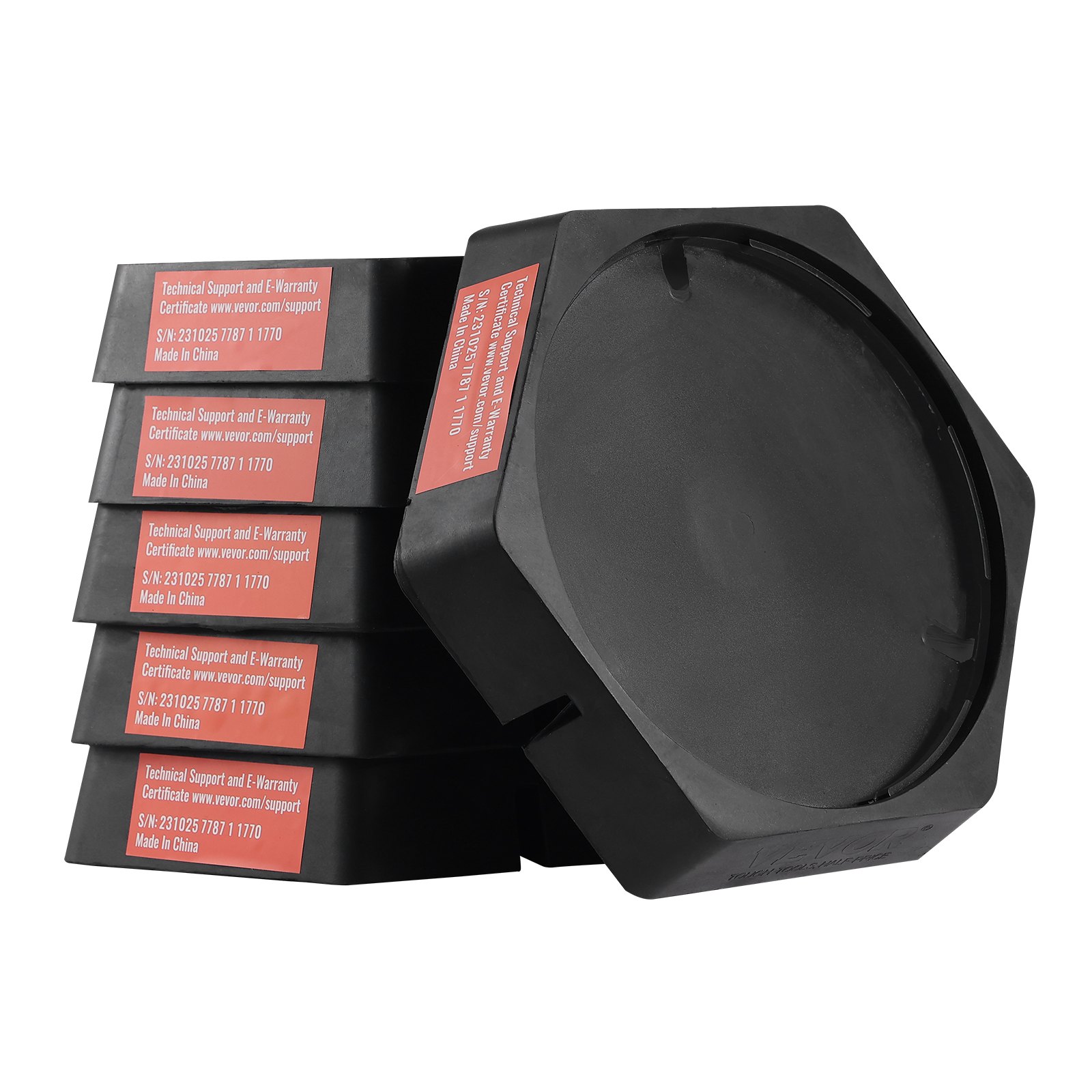 Almohadillas niveladoras VEVOR RV apiladas en color negro con etiquetas rojas, con detalles de soporte y garantía.