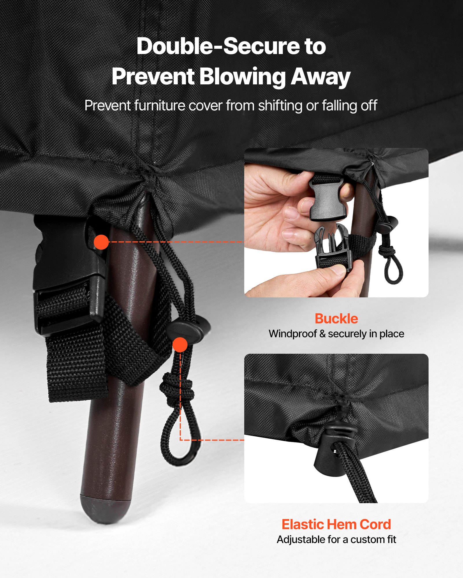 Funda para muebles de patio VEVOR, resistente al agua y de alta resistencia (420D), para mesas y sillas de exterior. Funda cuadrada grande para mesa de patio con ventilación para todo tipo de clima. Medidas: 320 cm de largo x 320 cm de ancho x 81 cm de alto. Color: negro.