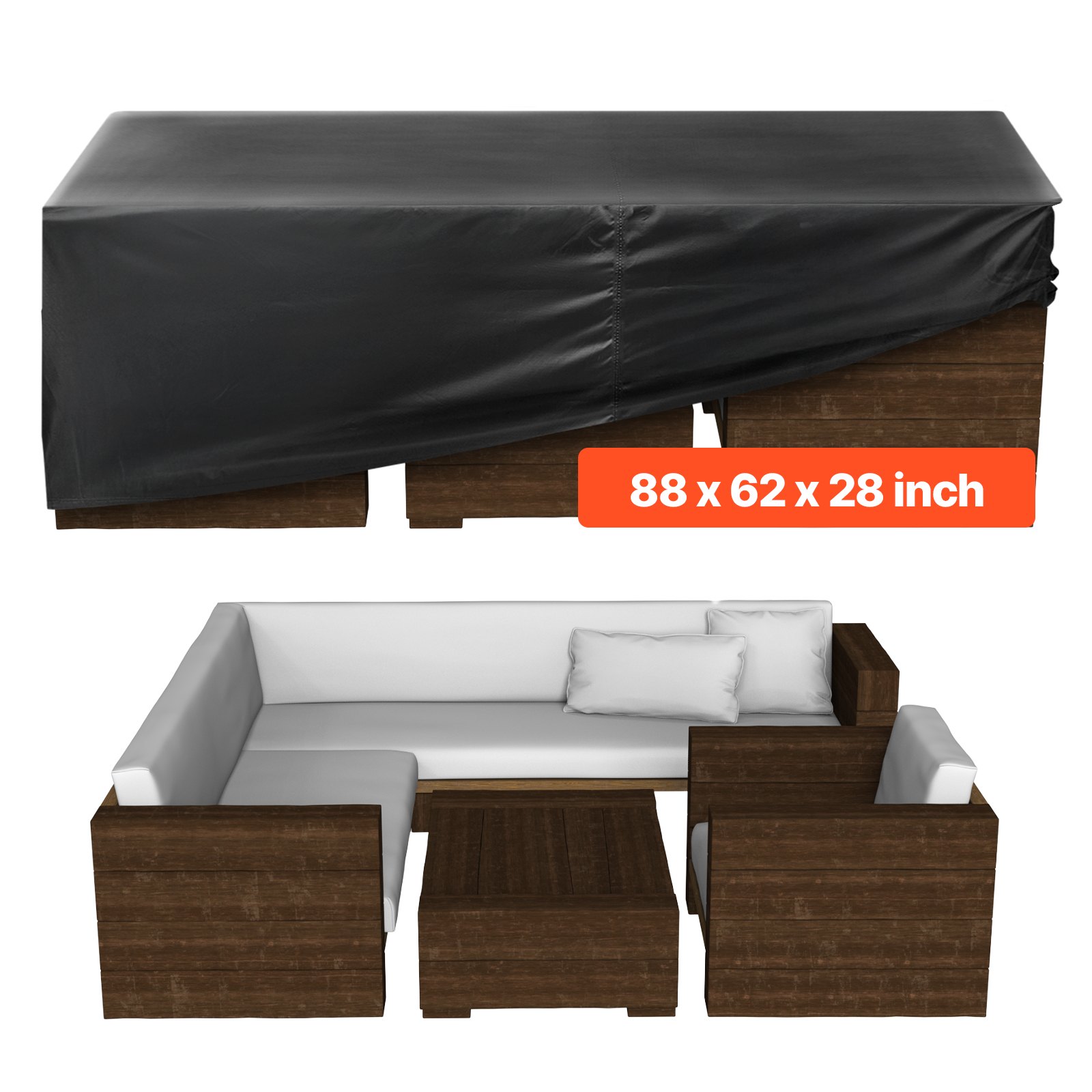 Funda para muebles de patio VEVOR, resistente al agua y de alta resistencia (420D), para mesas y sillas de exterior. Funda rectangular grande con ventilación para todo tipo de clima. Medidas: 88 cm de largo x 62 cm de ancho x 28 cm de alto. Color: negro.