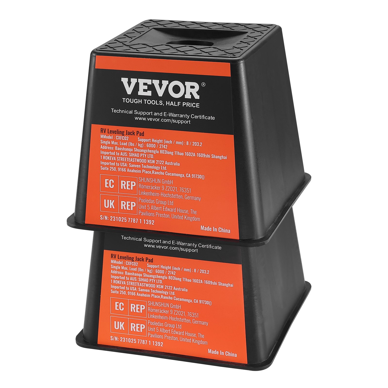 Bloque de gato para remolque VEVOR, almohadilla niveladora para RV con etiquetas rojas apiladas verticalmente.