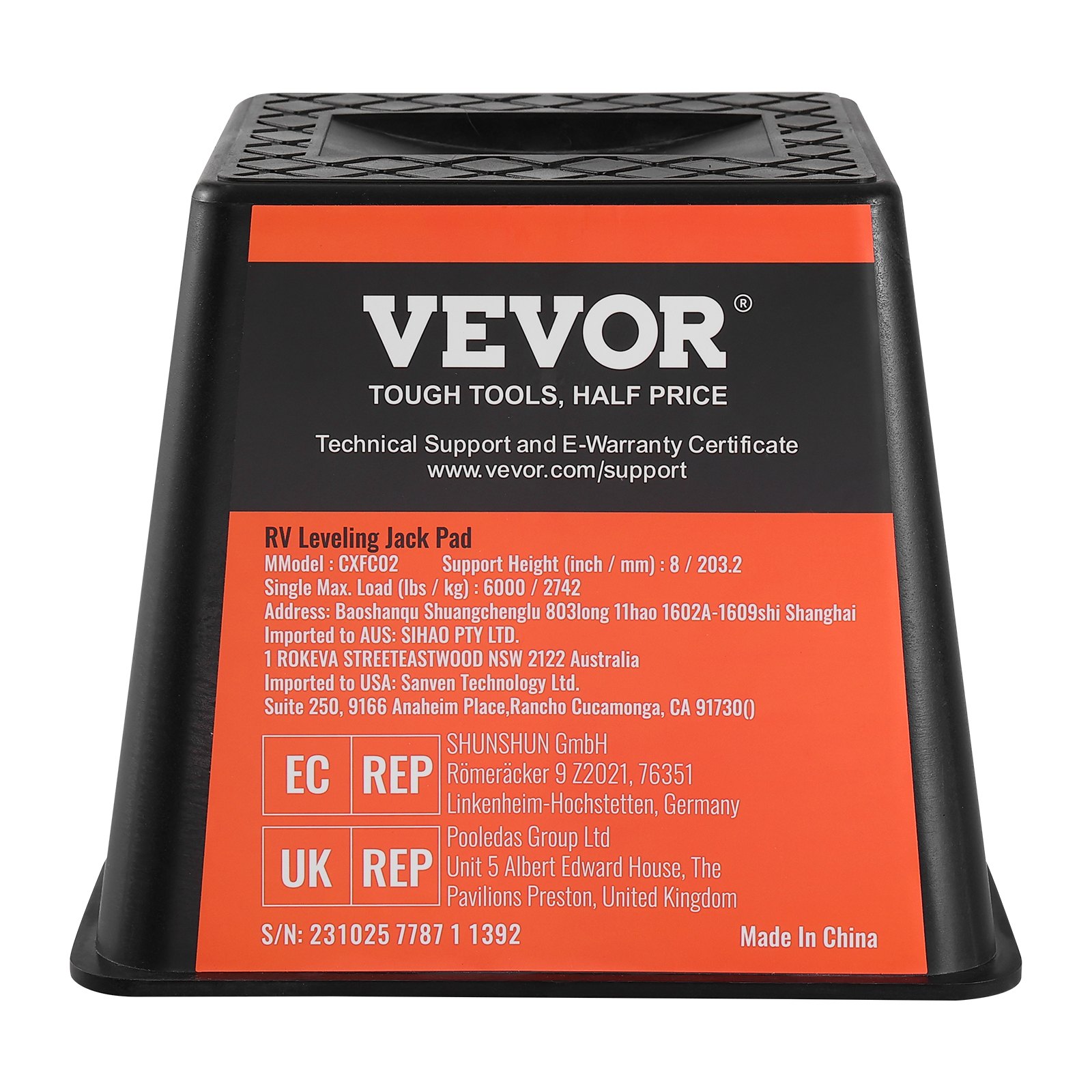 Bloque de gato para remolque VEVOR, almohadilla niveladora para gato RV con altura de soporte, capacidad de carga y detalles de contacto.