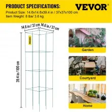 VEVOR Jaulas de Soporte para Plantas 3 Piezas Acero Cuadrado 37x37x100 cm Verde