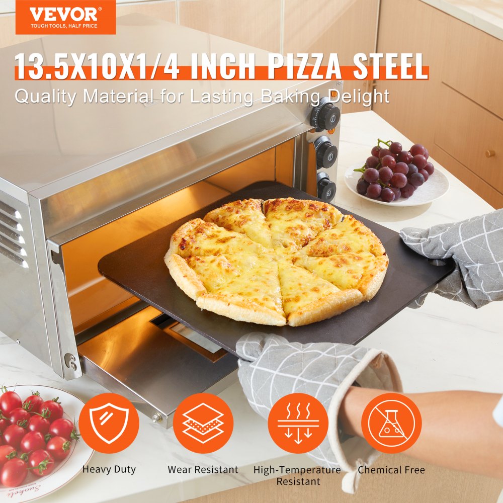VEVOR Pizza Steel, 13.5" x 10" x 1/4" Placa de acero para pizza para horno, piedra para hornear pizza de acero al carbono presazonada con conductividad 20 veces mayor, bandeja para pizza resistente para parrilla al aire libre, horno interior