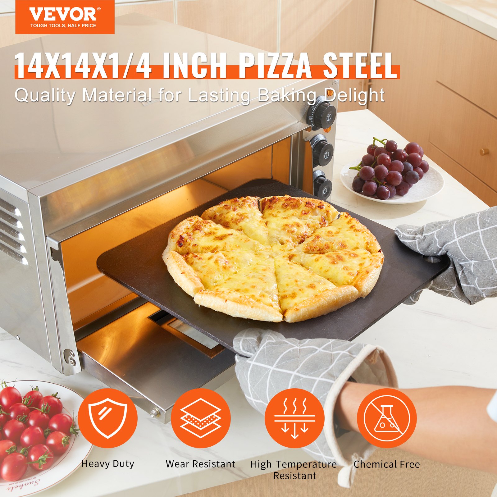 VEVOR - Placa de acero para pizza de 35,5 x 35,5 x 6,35 mm para horno, piedra para hornear pizza de acero al carbono precurada con conductividad 20 veces mayor, bandeja para pizza resistente y antioxidante para parrilla exterior y horno interior.