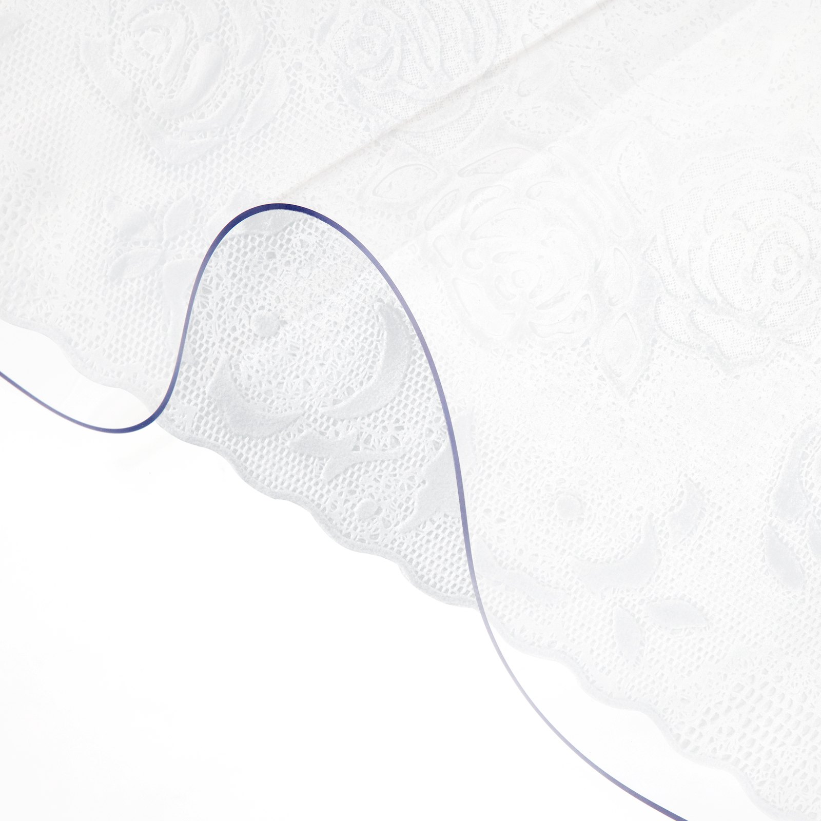 Mantel de plástico VEVOR con estampado floral blanco y borde curvo que muestra intrincados detalles de encaje.