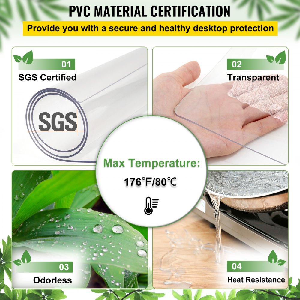 Protector de mesa transparente VEVOR, certificado SGS, transparente, inodoro, resistente al calor hasta 176 °F/80 °C.