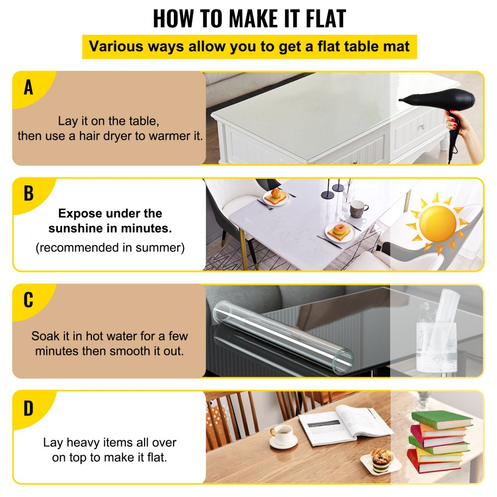 Pasos para aplanar un protector de mesa transparente VEVOR: use un secador de pelo, exposición al sol, agua caliente o artículos pesados.