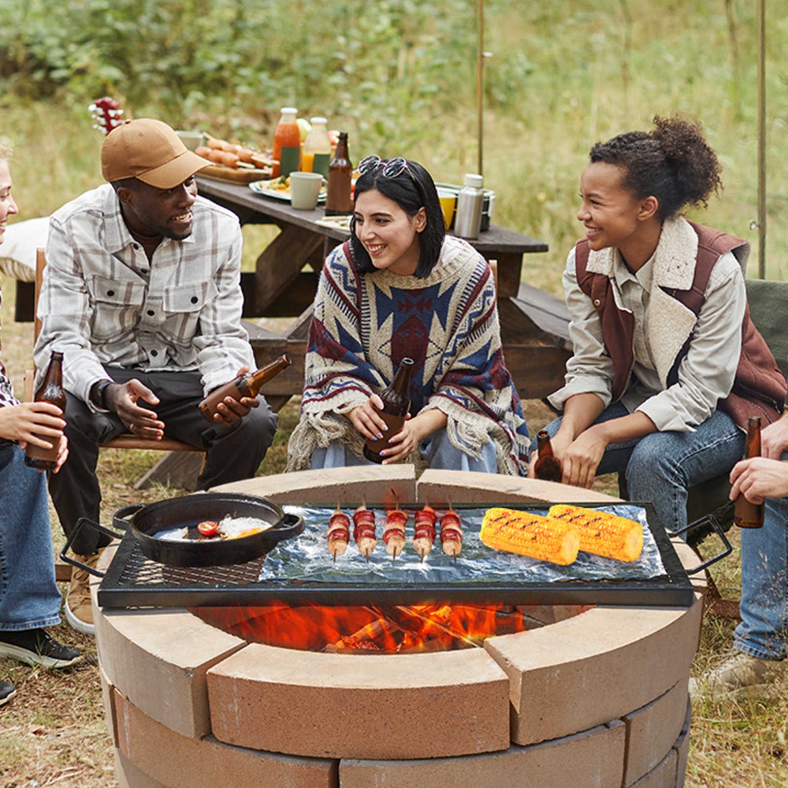 VEVOR X-Marks Parrilla para hoguera, rejilla de cocina rectangular, parrilla de barbacoa de acero resistente con mango y soporte X alambre, utensilios de cocina portátiles para acampar para reuniones de fiesta al aire libre, 32 pulgadas, color negro