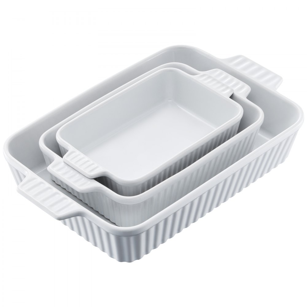 VEVOR - Juego de 3 fuentes de cerámica para hornear (23 x 33 cm), rectangulares, con asas, aptas para horno, profundas para lasaña, ideal para Acción de Gracias y Navidad, color blanco
