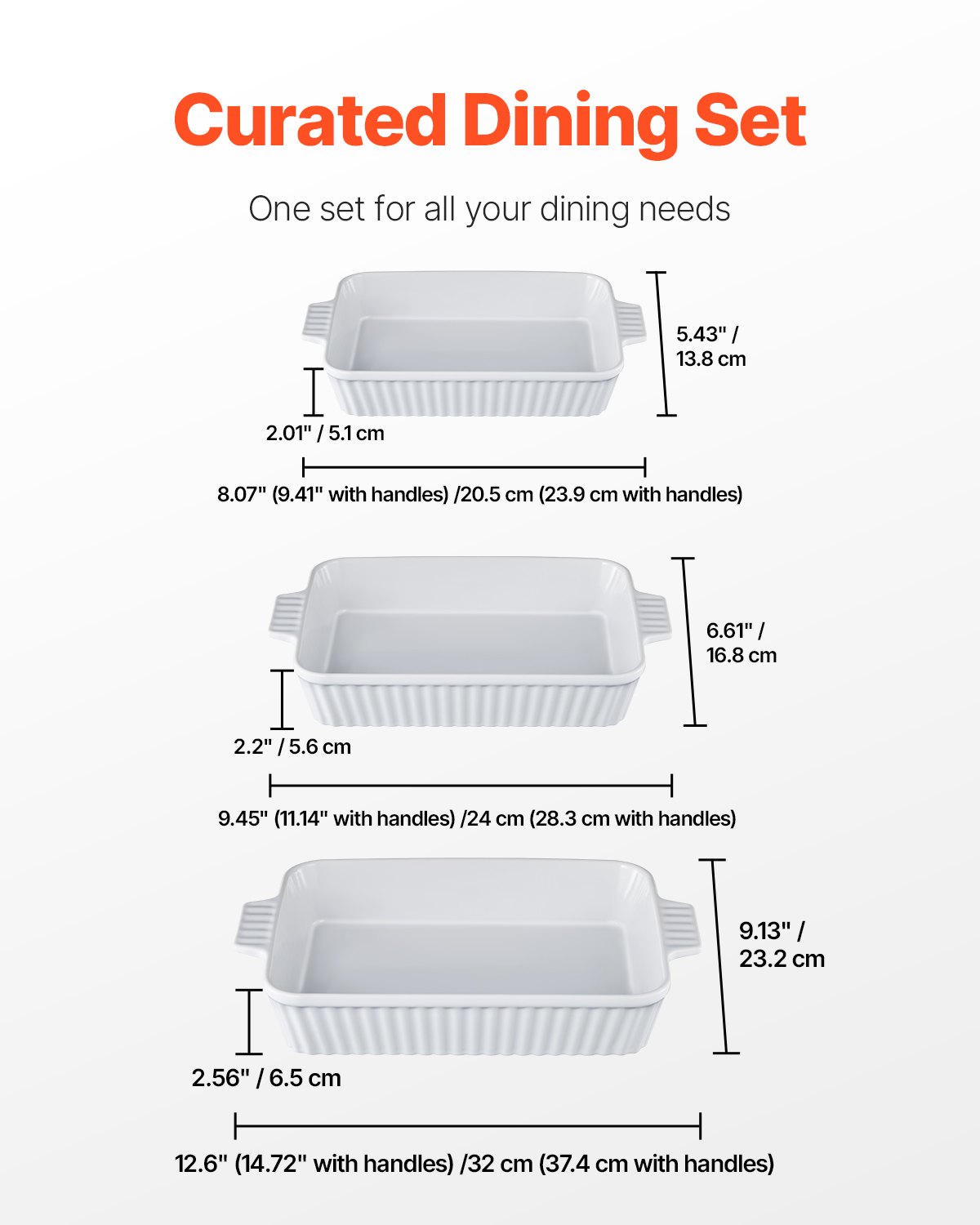 VEVOR - Juego de 3 fuentes de cerámica para hornear (23 x 33 cm), rectangulares, con asas, aptas para horno, profundas para lasaña, ideal para Acción de Gracias y Navidad, color blanco