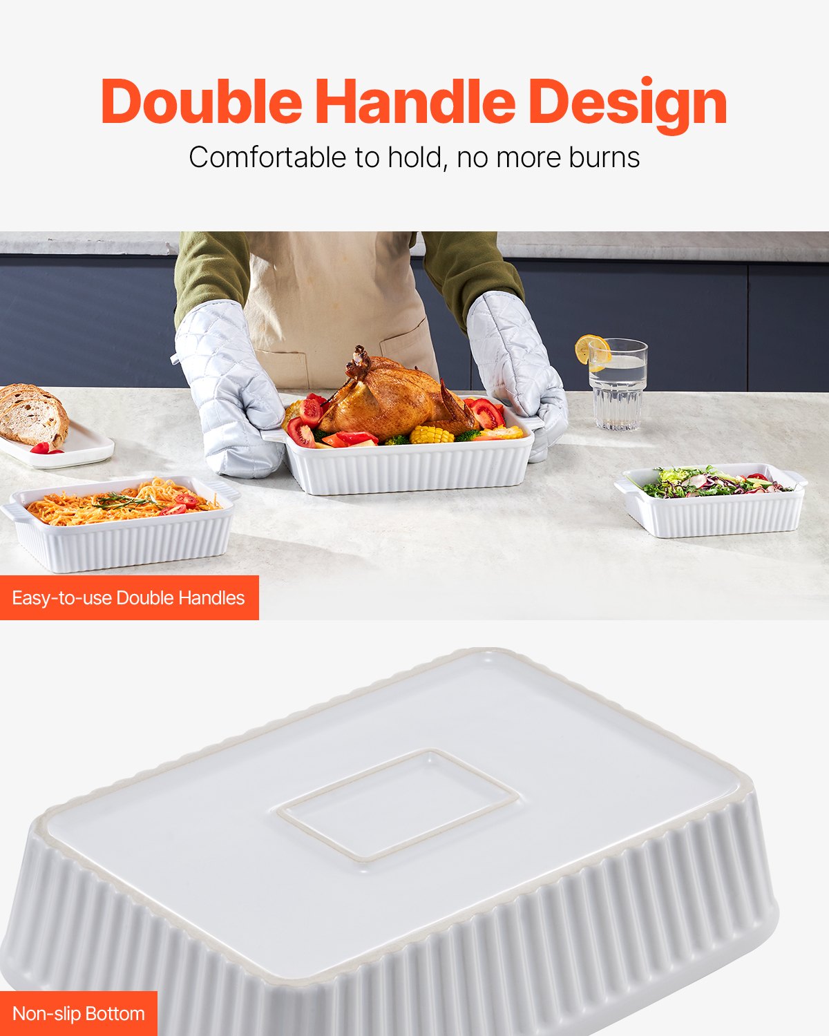 VEVOR - Juego de 3 fuentes de cerámica para hornear (23 x 33 cm), rectangulares, con asas, aptas para horno, profundas para lasaña, ideal para Acción de Gracias y Navidad, color blanco