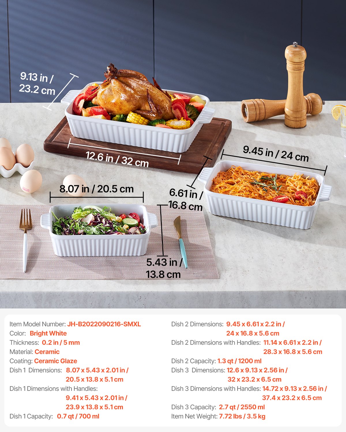 VEVOR - Juego de 3 fuentes de cerámica para hornear (23 x 33 cm), rectangulares, con asas, aptas para horno, profundas para lasaña, ideal para Acción de Gracias y Navidad, color blanco