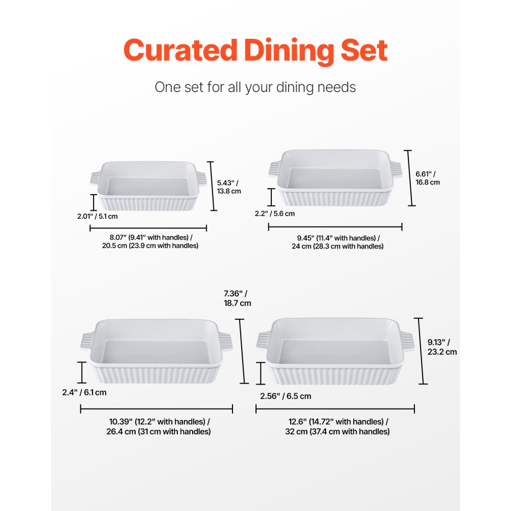 VEVOR - Juego de 4 fuentes de cerámica para horno (23 x 33 cm), rectangulares, con asas, aptas para horno, profundas para lasaña, ideal para Acción de Gracias y Navidad, color blanco