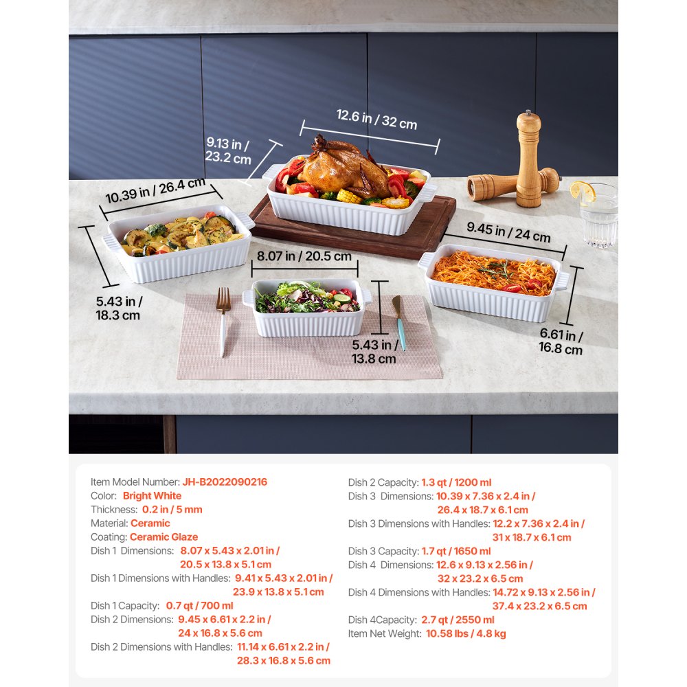 VEVOR - Juego de 4 fuentes de cerámica para horno (23 x 33 cm), rectangulares, con asas, aptas para horno, profundas para lasaña, ideal para Acción de Gracias y Navidad, color blanco
