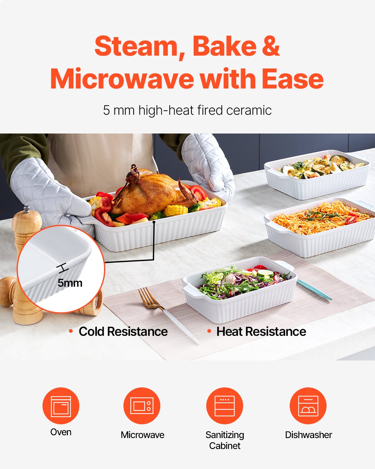 VEVOR - Juego de 4 fuentes de cerámica para horno (23 x 33 cm), rectangulares, con asas, aptas para horno, profundas para lasaña, ideal para Acción de Gracias y Navidad, color blanco