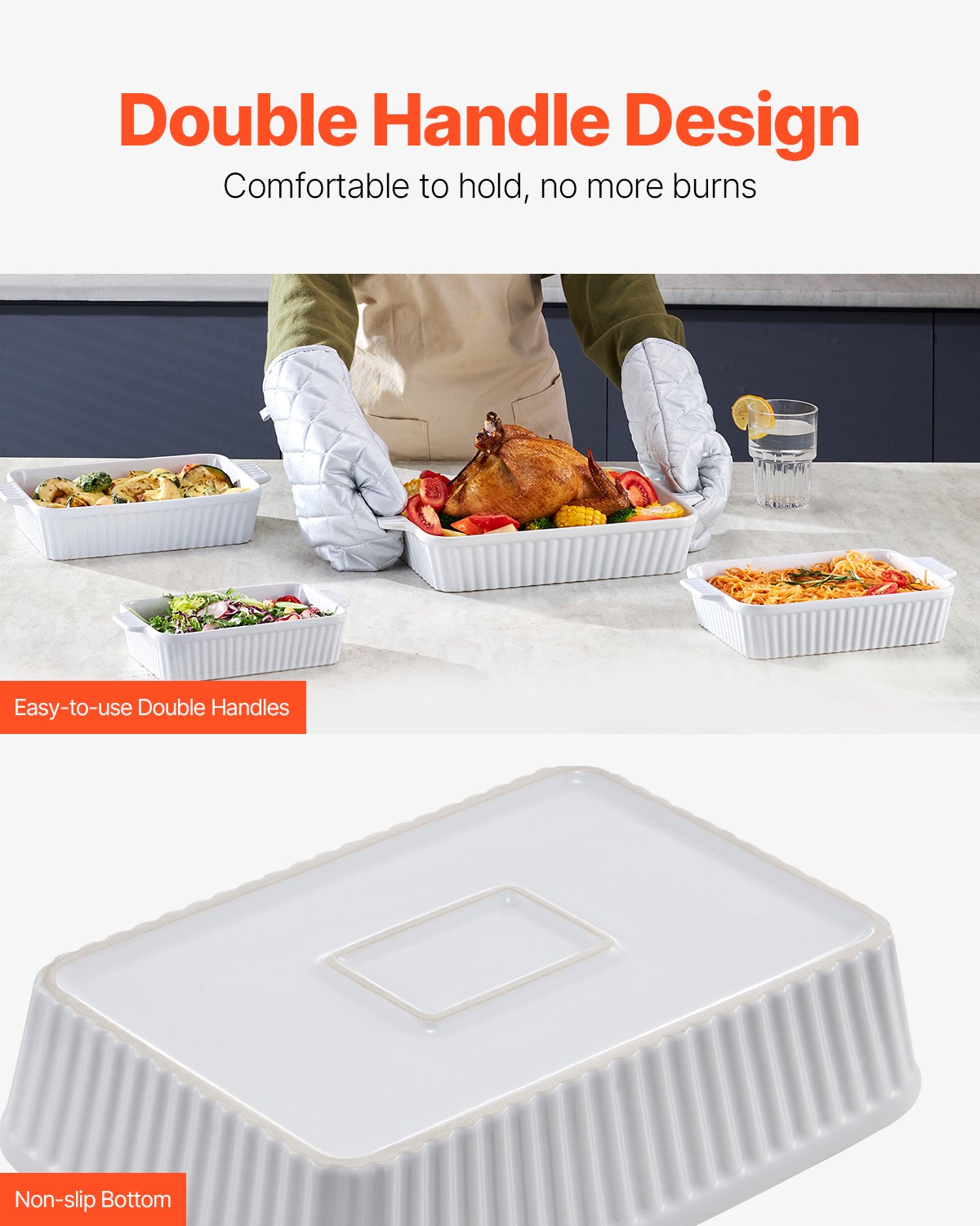 VEVOR - Juego de 4 fuentes de cerámica para horno (23 x 33 cm), rectangulares, con asas, aptas para horno, profundas para lasaña, ideal para Acción de Gracias y Navidad, color blanco