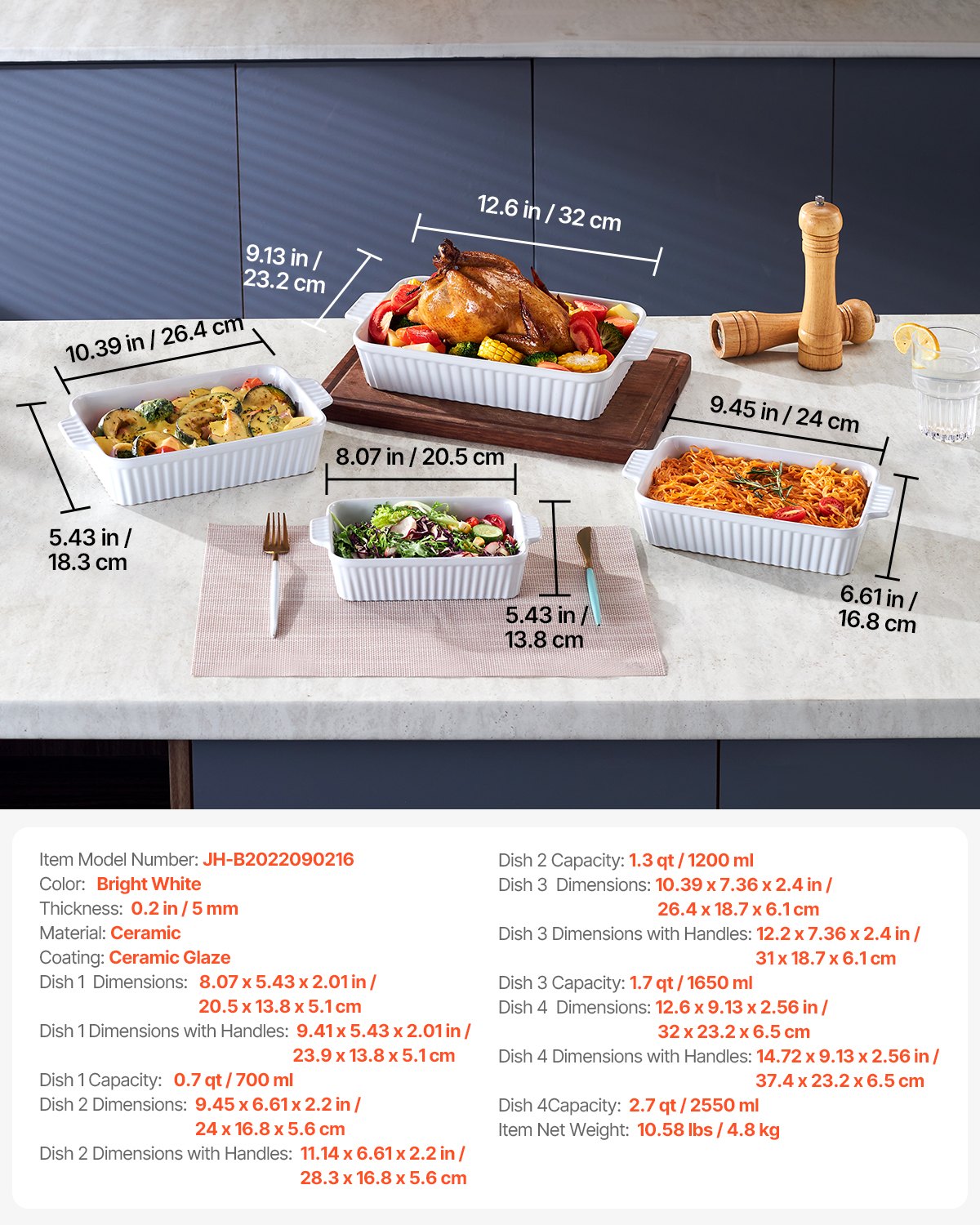 VEVOR - Juego de 4 fuentes de cerámica para horno (23 x 33 cm), rectangulares, con asas, aptas para horno, profundas para lasaña, ideal para Acción de Gracias y Navidad, color blanco