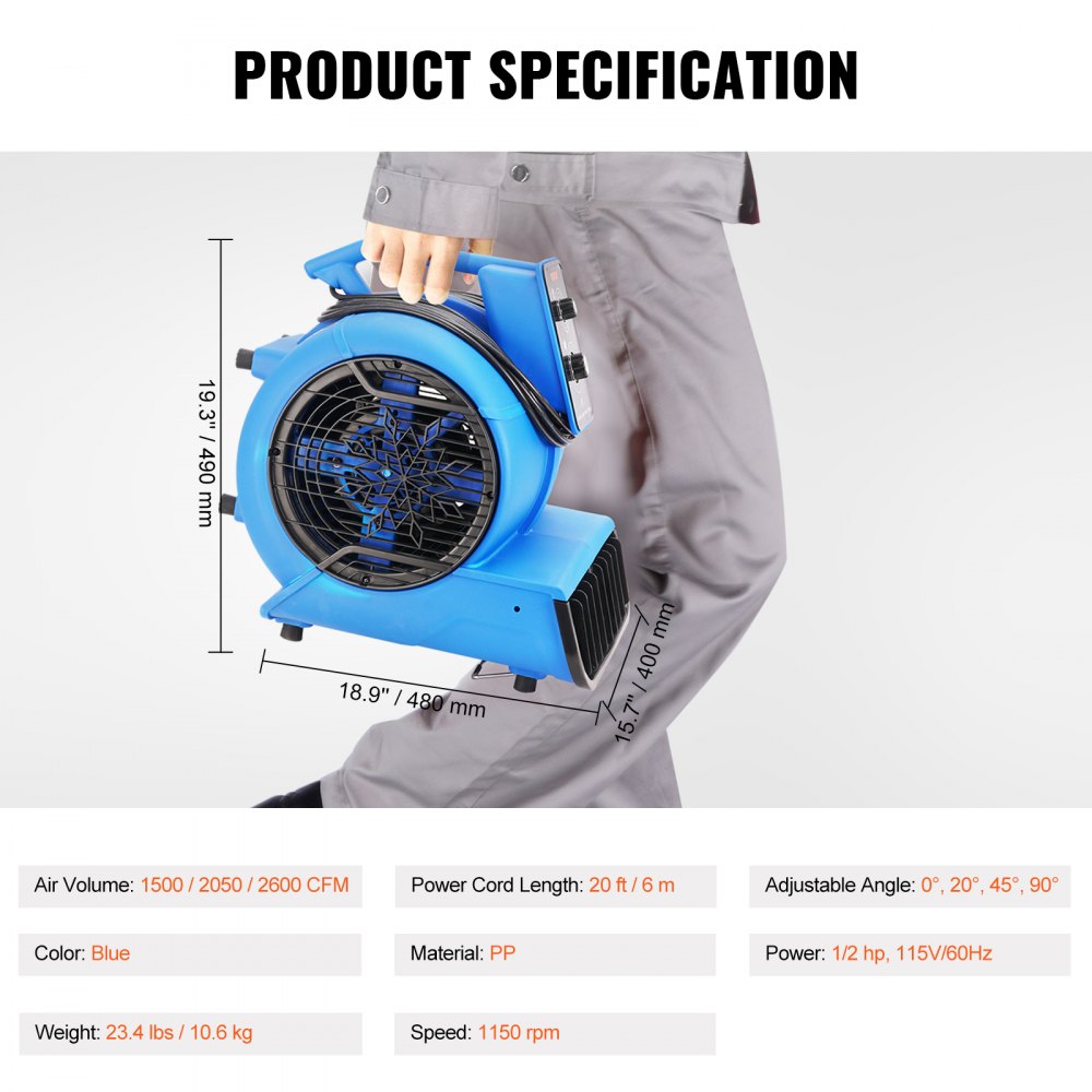Soplador de piso VEVOR, 1/2 HP, 2600 CFM Air Mover para secado y enfriamiento, ventilador portátil para secador de alfombras con 4 ángulos de soplado y función de tiempo, para limpieza, hogar, comercial, uso industrial, listado ETL