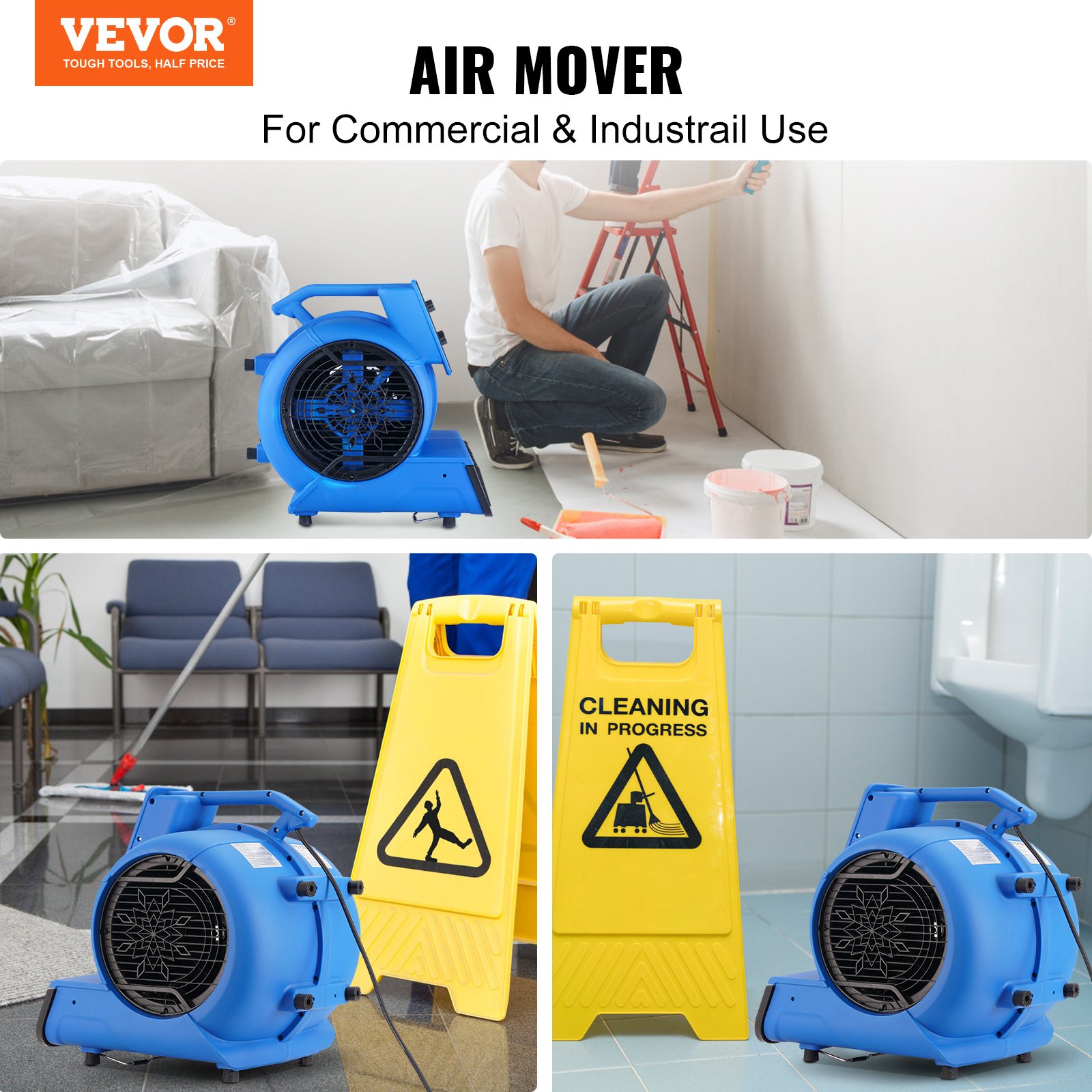 Soplador de piso VEVOR, 1/2 HP, 2600 CFM Air Mover para secado y enfriamiento, ventilador portátil para secador de alfombras con 4 ángulos de soplado y función de tiempo, para limpieza, hogar, comercial, uso industrial, listado ETL
