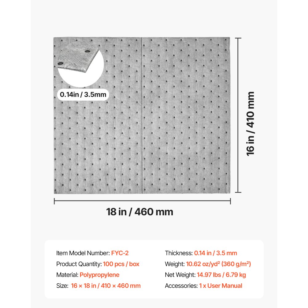 VEVOR Almohadillas Absorbentes Universales 100 Piezas 360 GSM para Derrames, Formato de 41 x 46 cm, 3,5 mm con Líneas Precortadas para Ajustar Tamaño y Reducir Residuos en Garajes, Talleres y Fábricas