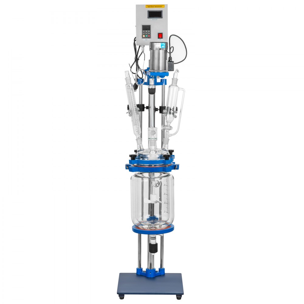 Reactor encamisado VEVOR con recipiente de vidrio, abrazaderas azules y unidad de control digital.
