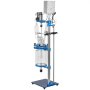 Reactor encamisado VEVOR con recipiente de vidrio y marco azul y plateado.
