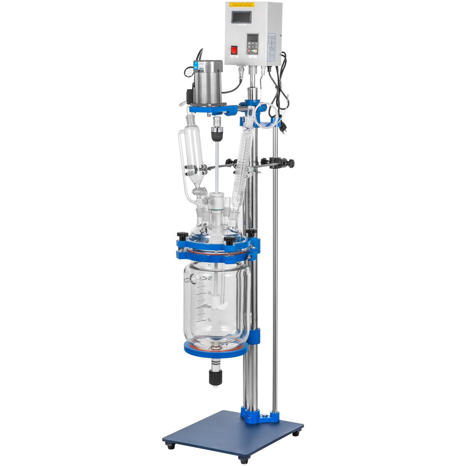 Reactor encamisado VEVOR con contenedor de vidrio, unidad de control y estructura de soporte.