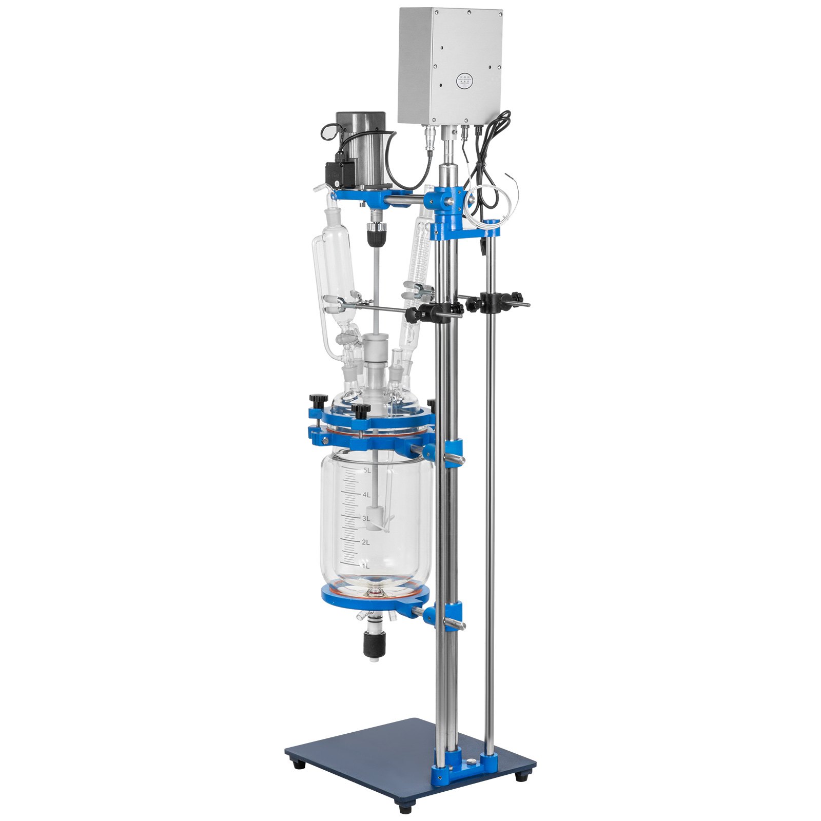 Reactor encamisado VEVOR con recipiente de vidrio y marco azul y plateado.