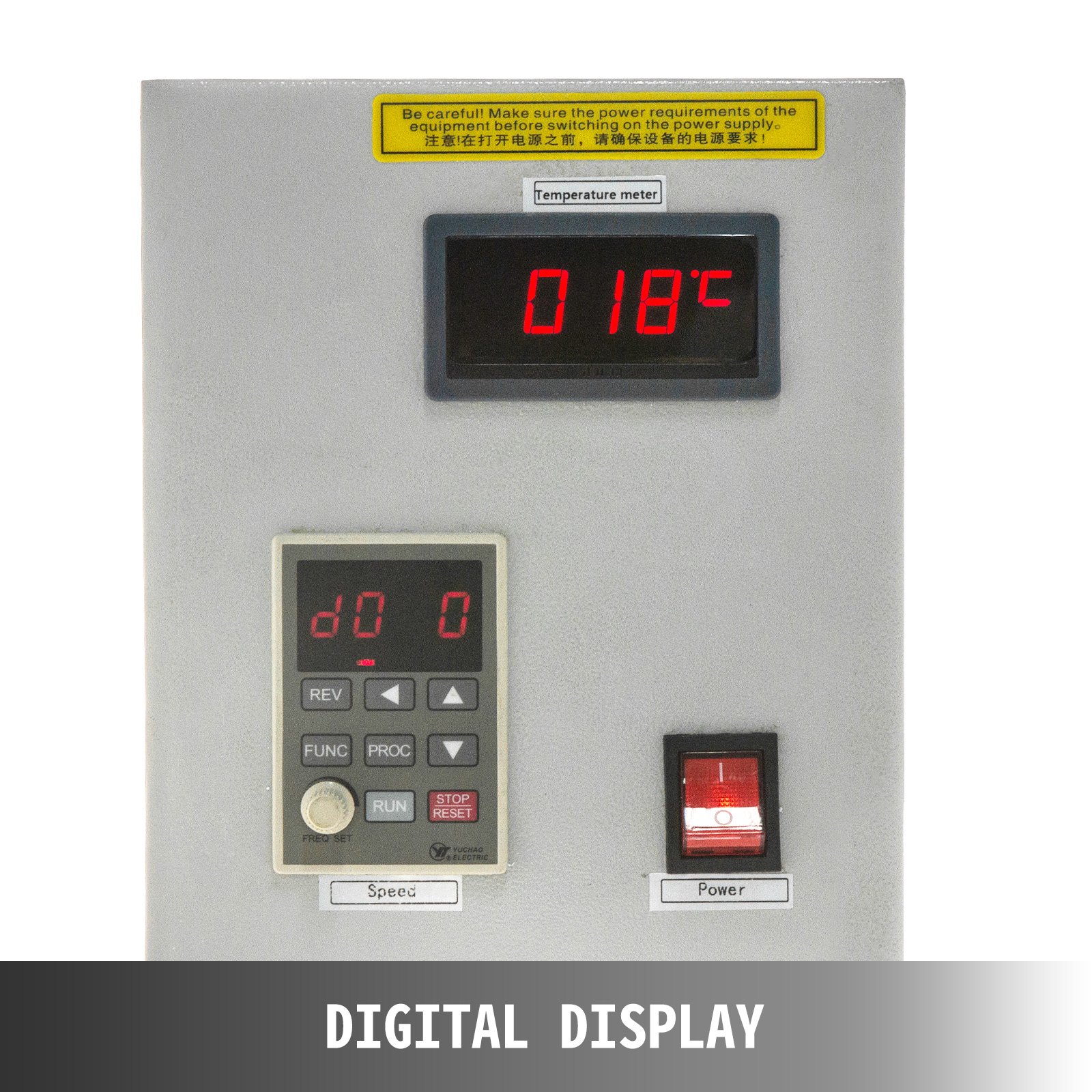 Panel de control del reactor encamisado VEVOR con visualización de temperatura y velocidad.