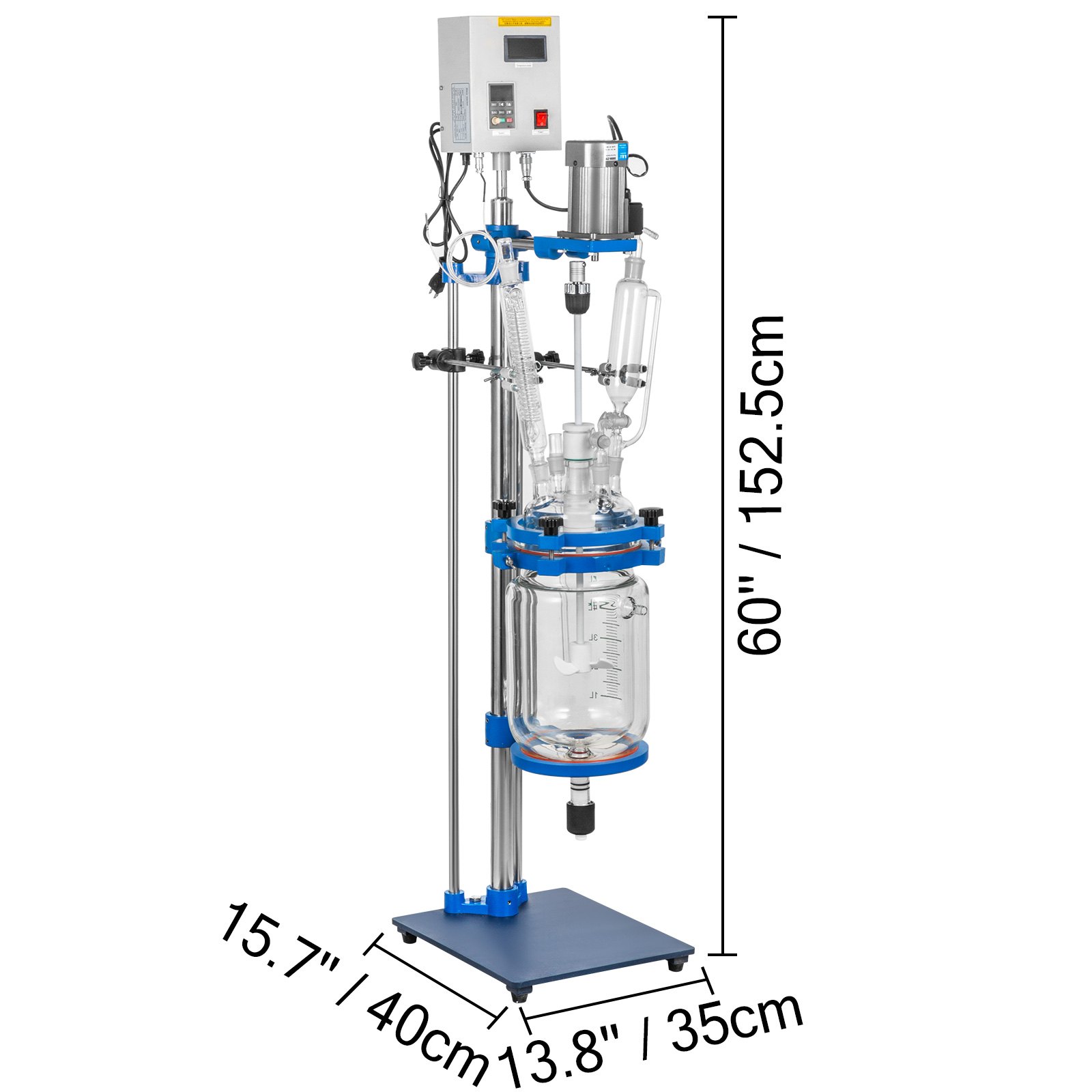 Reactor encamisado VEVOR con detalles de medición, recipiente de vidrio y panel de control.