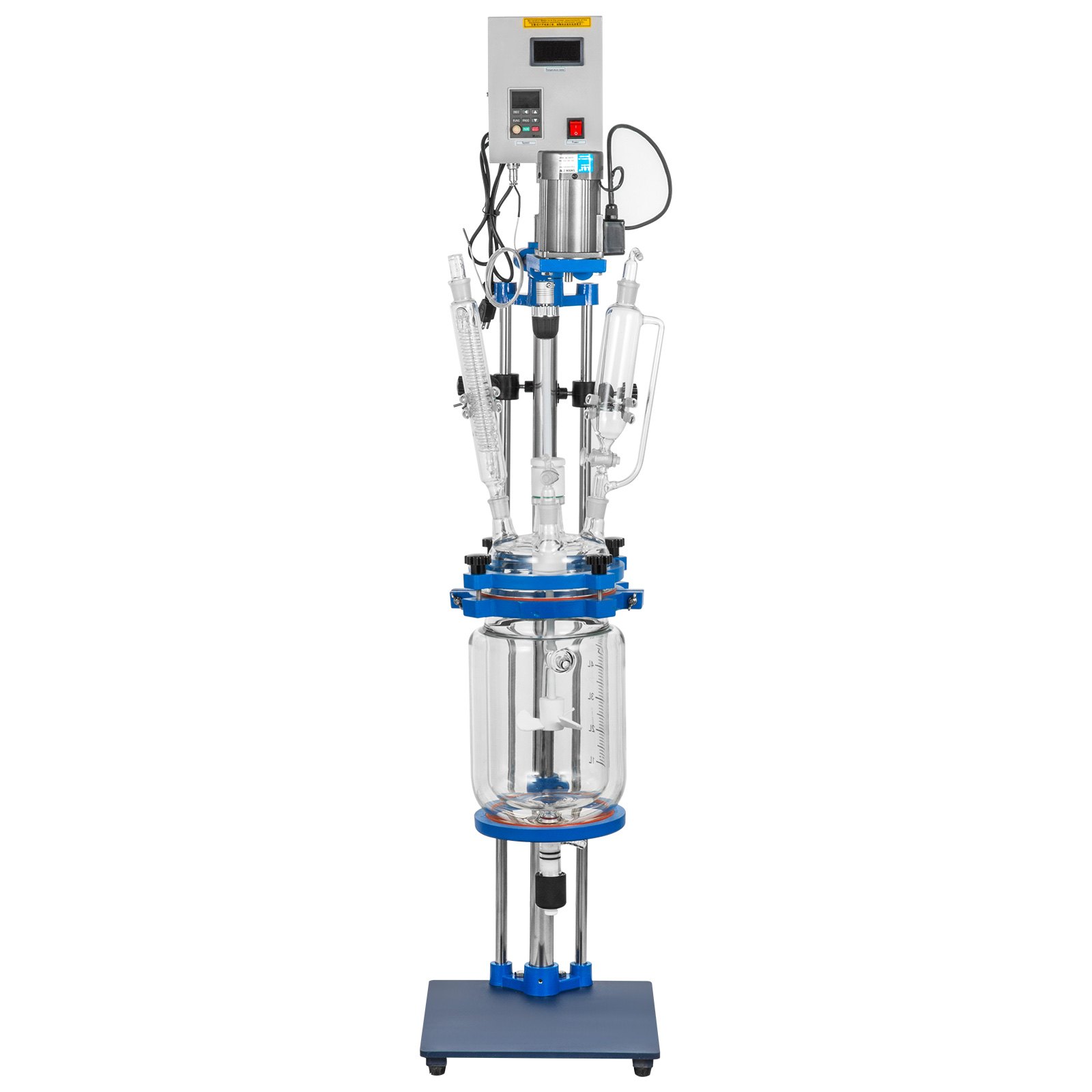 Reactor encamisado VEVOR con recipiente de vidrio, abrazaderas azules y unidad de control digital.