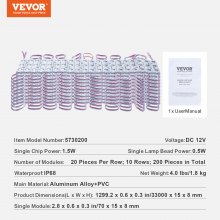 VEVOR 200 luces LED para escaparate, 108 pies CC 12 V, módulo de luces LED, 5730 SMD 3 LED 1,5 W con cinta adhesiva en la parte posterior, para carteles publicitarios de ventanas de tiendas comerciales, IP68 resistente al agua