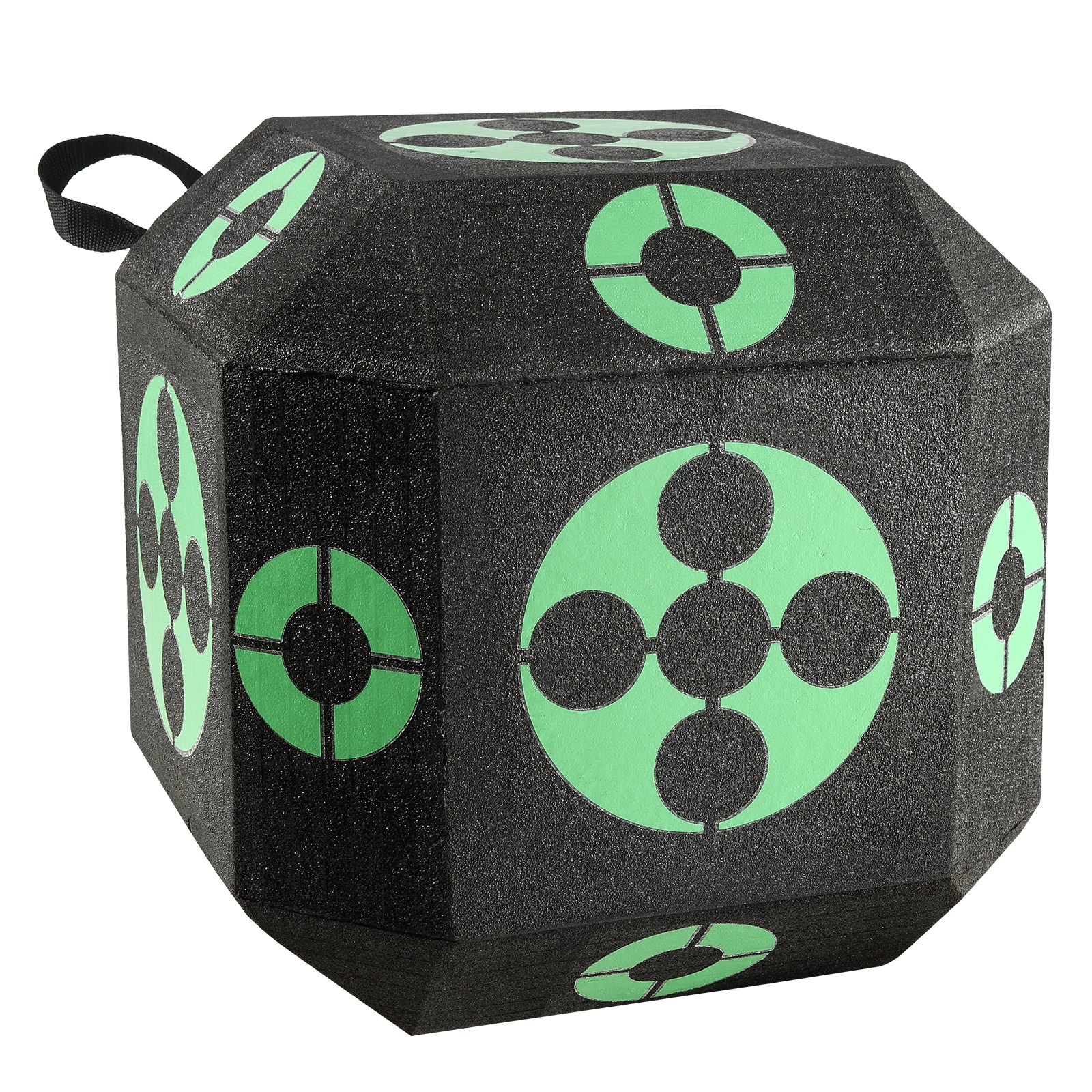 Objetivo de tiro con arco VEVOR, negro con objetivos verdes, diseño de cubo duradero con un asa de transporte en la parte superior.
