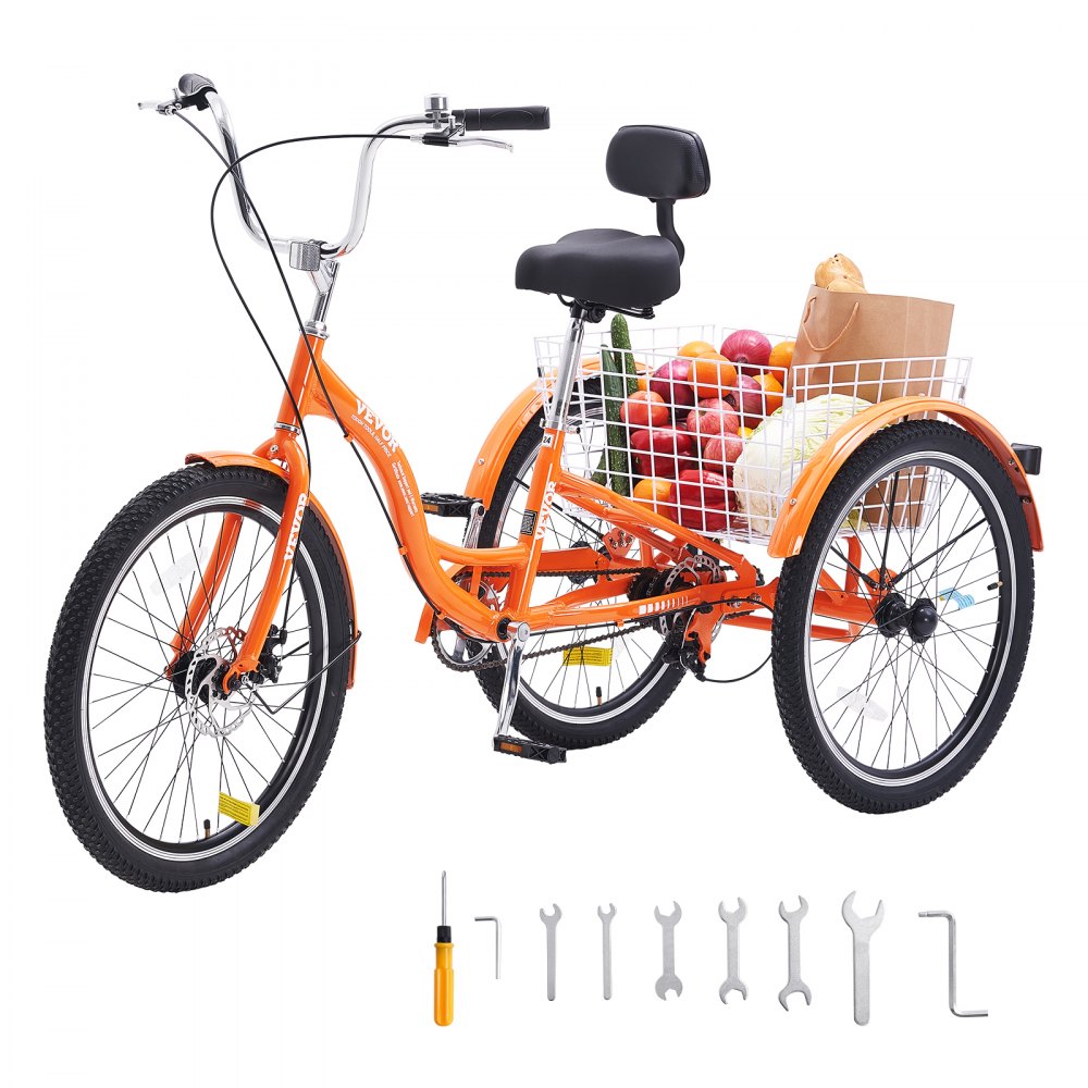 VEVOR Triciclos para adultos, 24 pulgadas, triciclos de 3 ruedas, bicicleta de crucero de aleación de aluminio con canasta y asiento ajustable, ideal para picnics, compras, para personas mayores, mujeres y hombres (naranja)