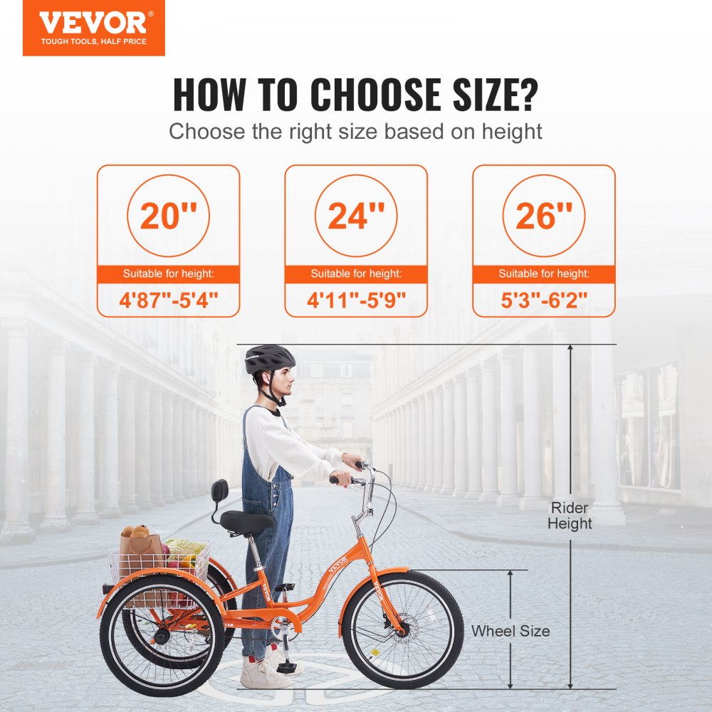 VEVOR Triciclos para adultos, 24 pulgadas, triciclos de 3 ruedas, bicicleta de crucero de aleación de aluminio con canasta y asiento ajustable, ideal para picnics, compras, para personas mayores, mujeres y hombres (naranja)