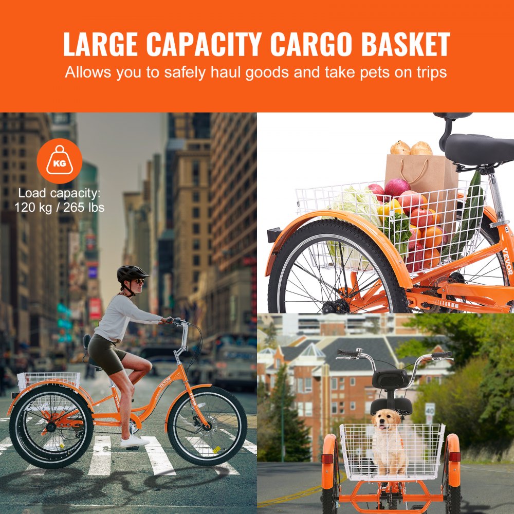 VEVOR Triciclos para adultos, 24 pulgadas, triciclos de 3 ruedas, bicicleta de crucero de aleación de aluminio con canasta y asiento ajustable, ideal para picnics, compras, para personas mayores, mujeres y hombres (naranja)