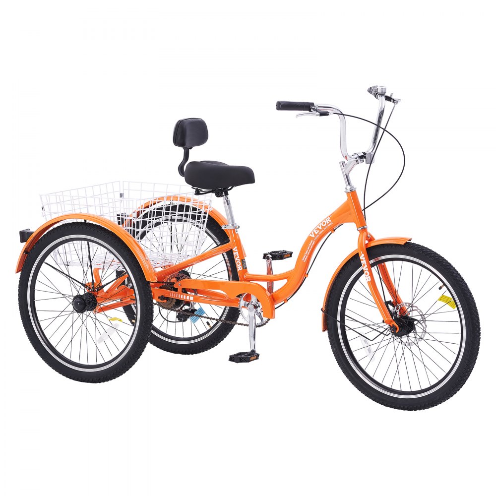 VEVOR Triciclos para adultos, 24 pulgadas, triciclos de 3 ruedas, bicicleta de crucero de aleación de aluminio con canasta y asiento ajustable, ideal para picnics, compras, para personas mayores, mujeres y hombres (naranja)