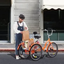VEVOR Bicicleta de triciclo para adultos, bicicletas de tres ruedas de 24 pulgadas, triciclos de 3 ruedas, bicicleta de crucero de aleación de aluminio con cesta y asiento ajustable, triciclos de compras de picnic para personas mayores, mujeres, hombres (naranja)