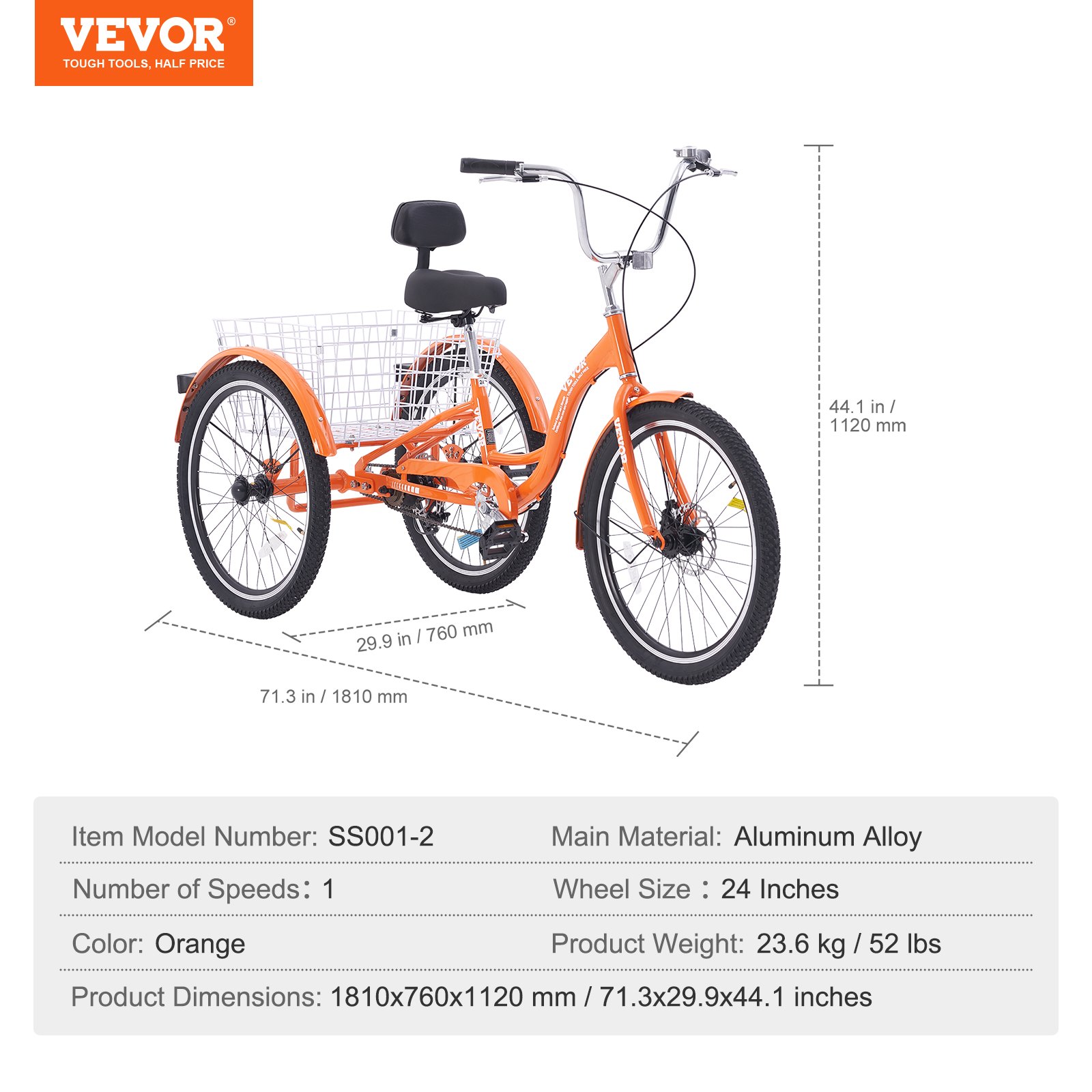 VEVOR Triciclos para adultos, 24 pulgadas, triciclos de 3 ruedas, bicicleta de crucero de aleación de aluminio con canasta y asiento ajustable, ideal para picnics, compras, para personas mayores, mujeres y hombres (naranja)