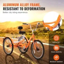 VEVOR Triciclos para adultos, bicicletas de tres ruedas de 26 pulgadas, triciclos de 3 ruedas, bicicleta de crucero de aleación de aluminio con canasta y asiento ajustable, triciclos de compras para picnic para personas mayores, mujeres, hombres (naranja)